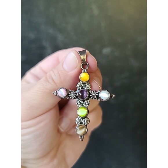 925 Sterling Silver Cat's Eye Cross Pendant Vintage Mexico - Picture 1 of 10